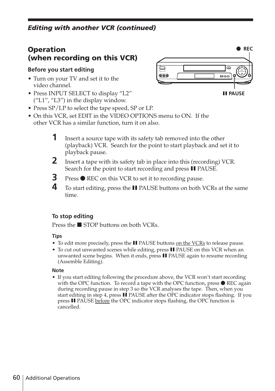 Operation (when recording on this vcr) | Sony SLV-E780EN/EG User Manual | Page 60 / 72