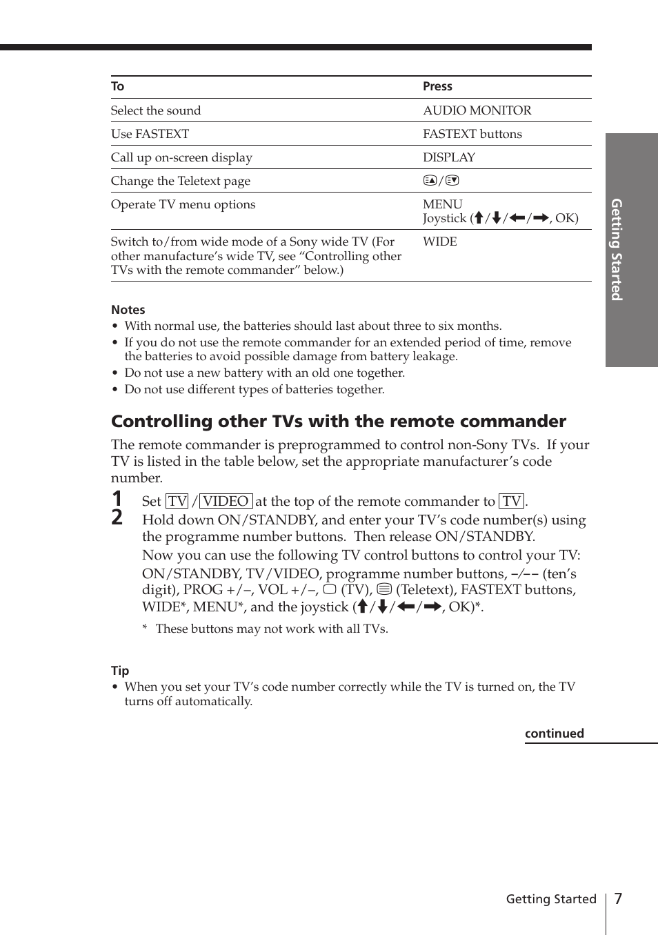 Controlling other tvs with the remote commander | Sony SLV-E780EN/EG User Manual | Page 7 / 72