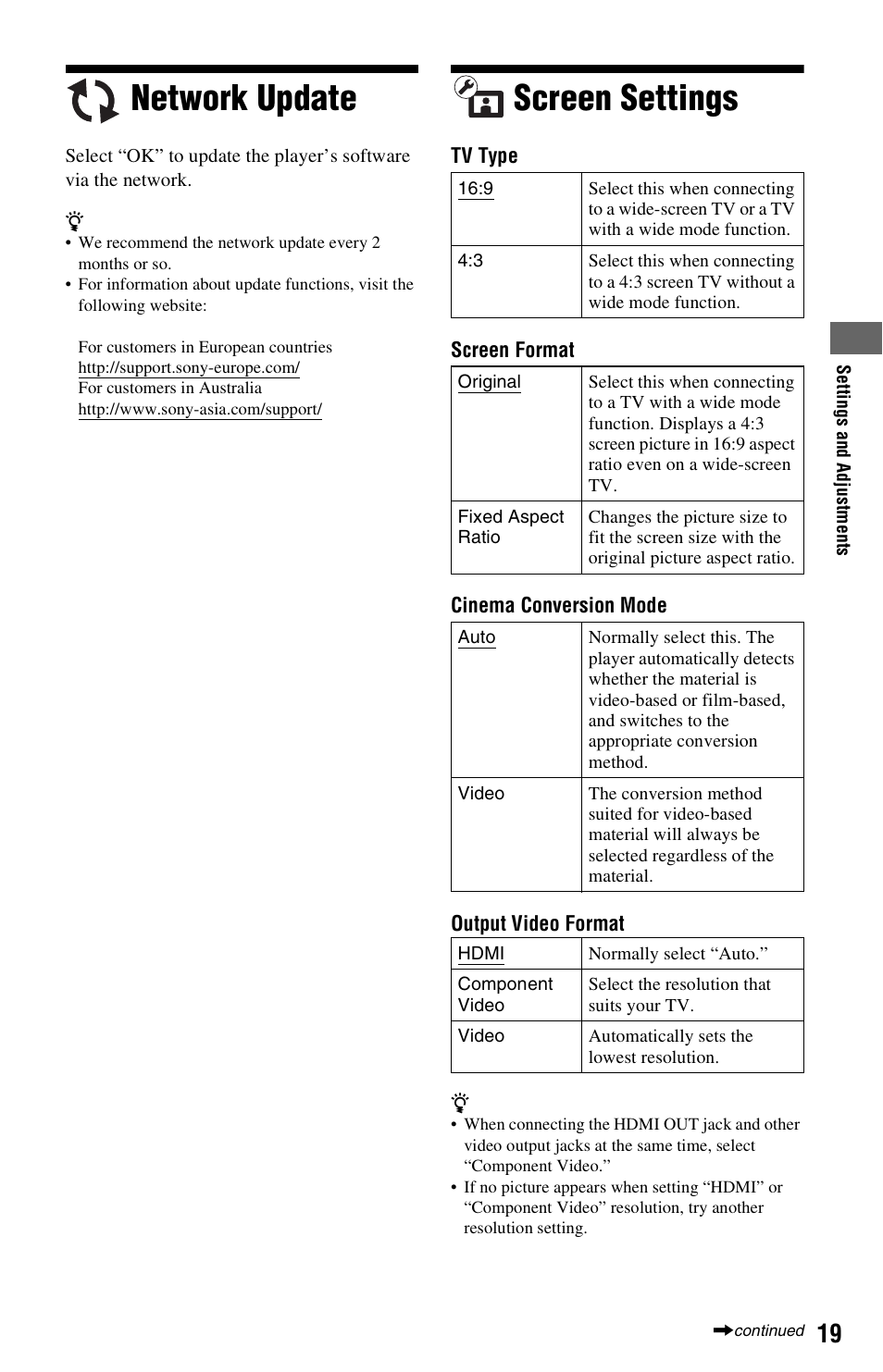 Network update, Screen settings, Network update screen settings | Sony SMP-N100 User Manual | Page 19 / 31