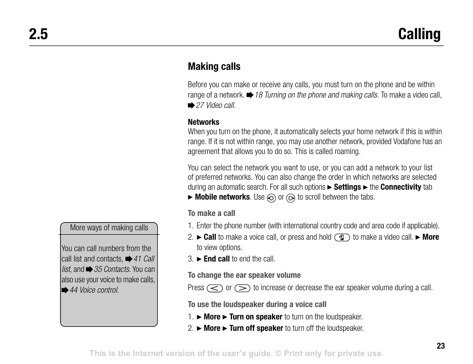 5 calling, Calling | Sony V600 User Manual | Page 23 / 174