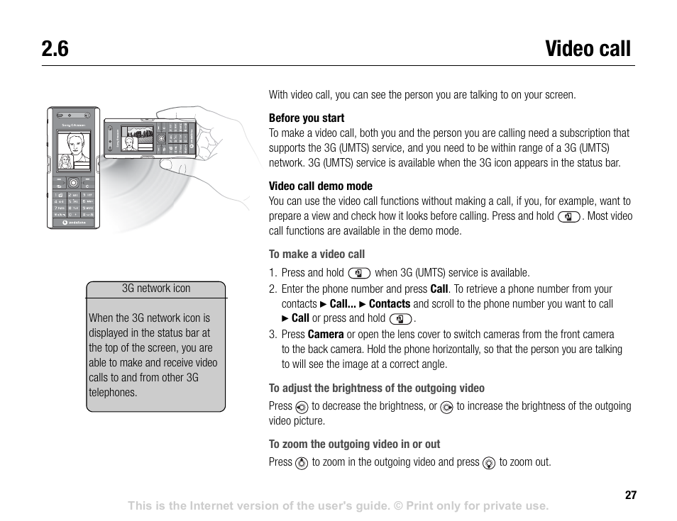 6 video call, Video call, 27 video call | Sony V600 User Manual | Page 27 / 174