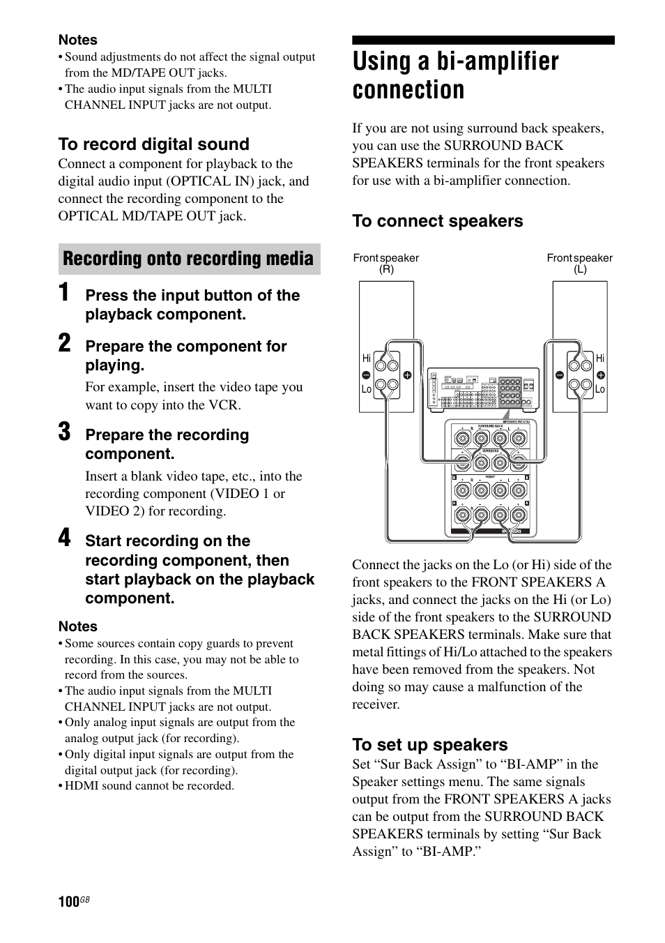 Using a bi-amplifier connection, Recording onto recording media | Sony STR-DG1100 User Manual | Page 100 / 130