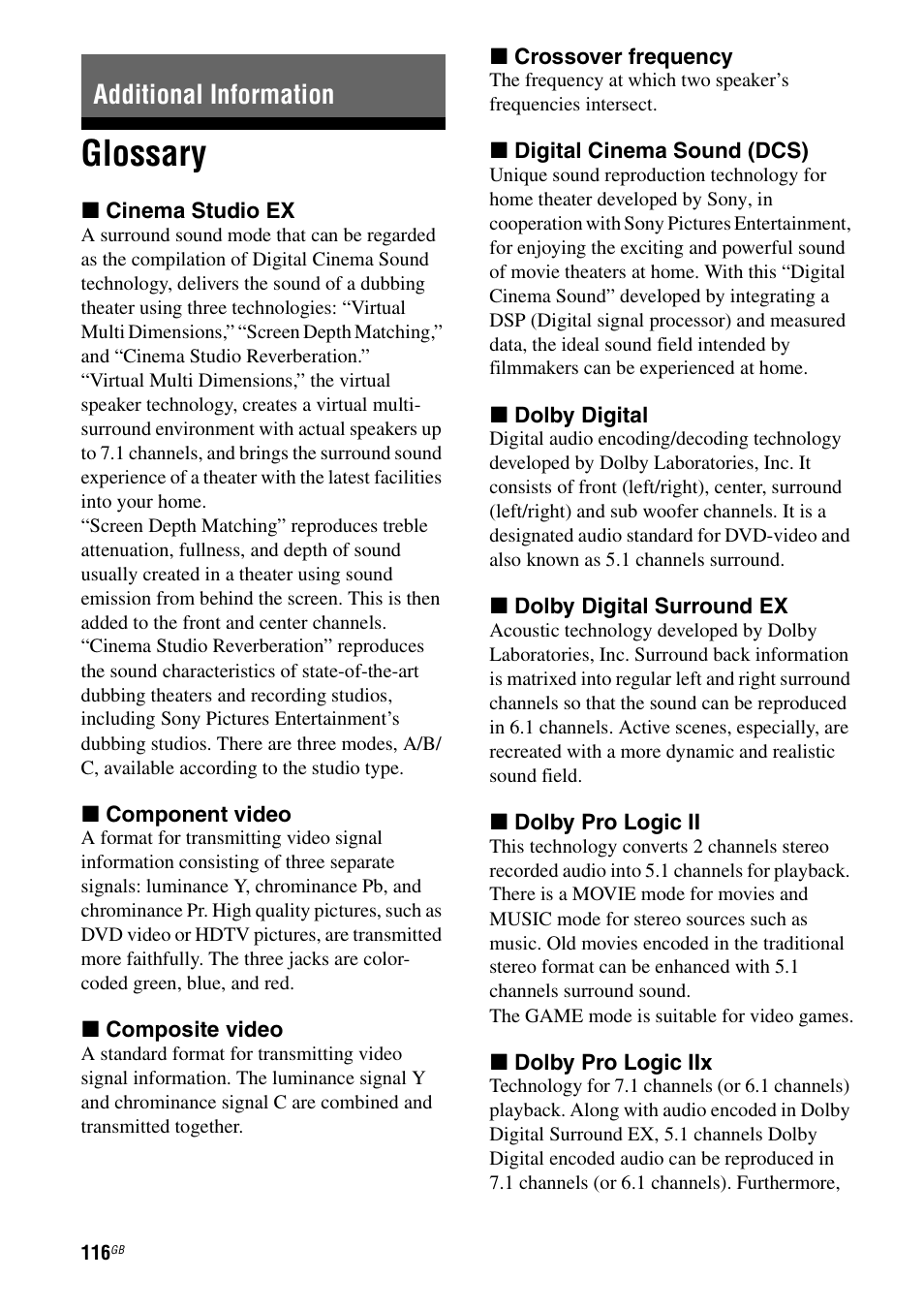 Additional information, Glossary | Sony STR-DG1100 User Manual | Page 116 / 130