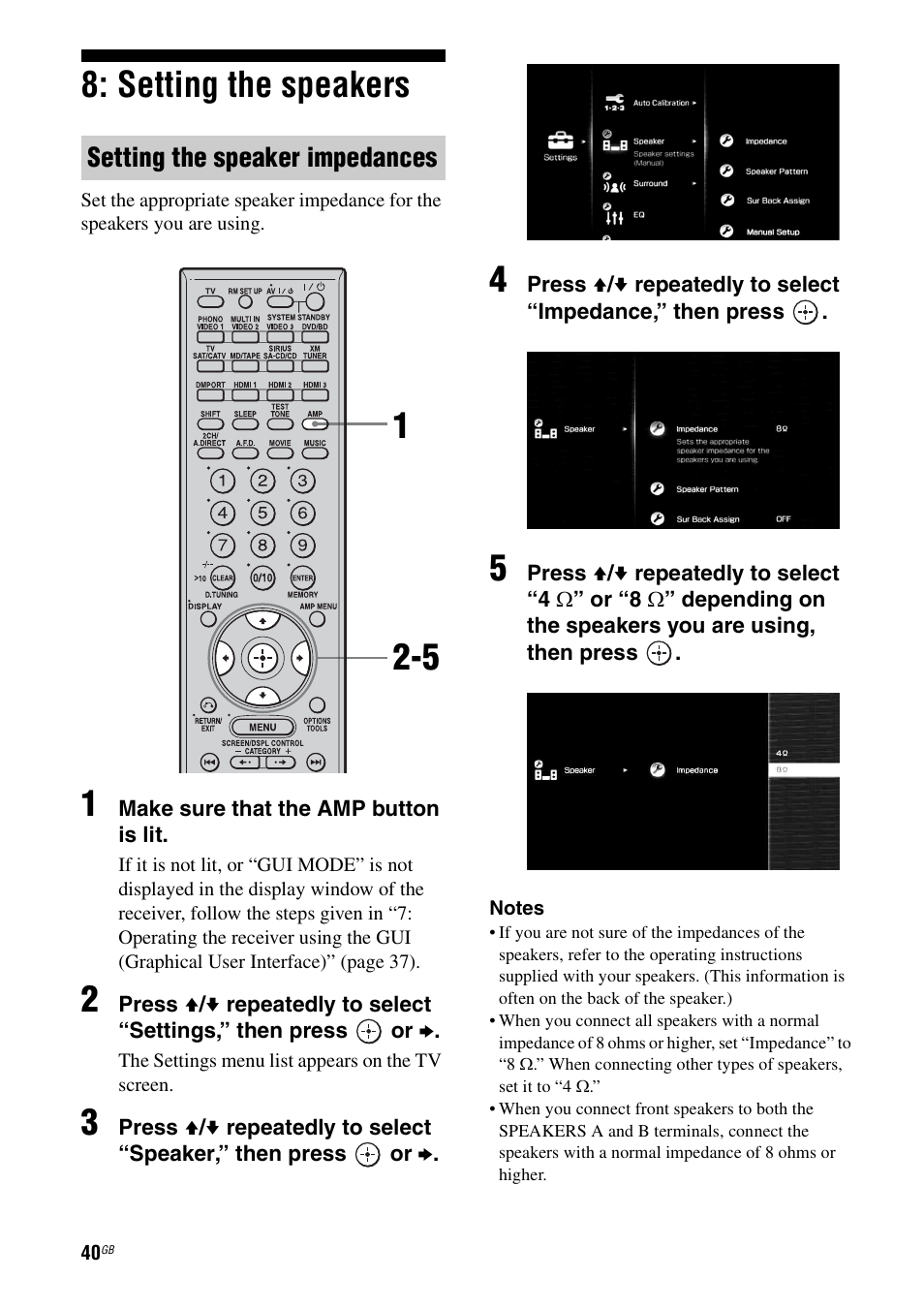 Setting the speakers, Setting the speaker impedances | Sony STR-DG1100 User Manual | Page 40 / 130