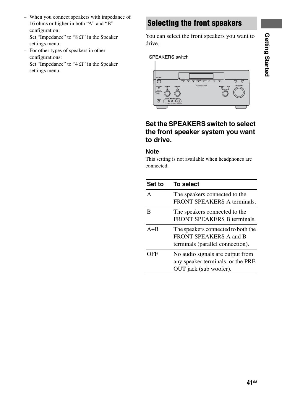 Selecting the front speakers | Sony STR-DG1100 User Manual | Page 41 / 130