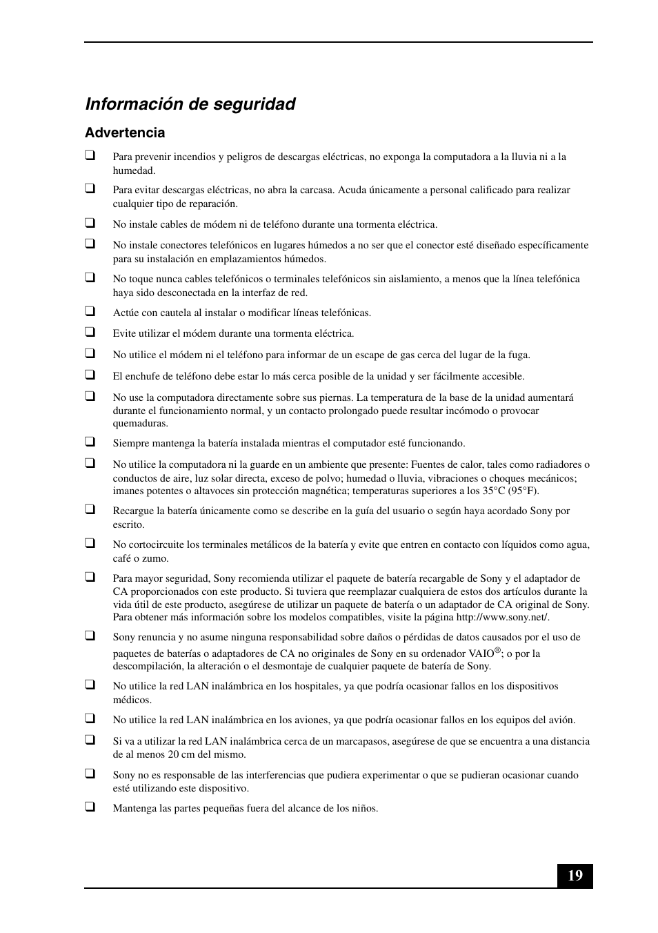 Información de seguridad | Sony VAIO VGN-TZ300 User Manual | Page 19 / 24