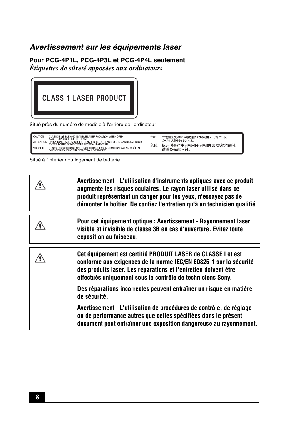 Avertissement sur les équipements laser | Sony VAIO VGN-TZ300 User Manual | Page 8 / 24