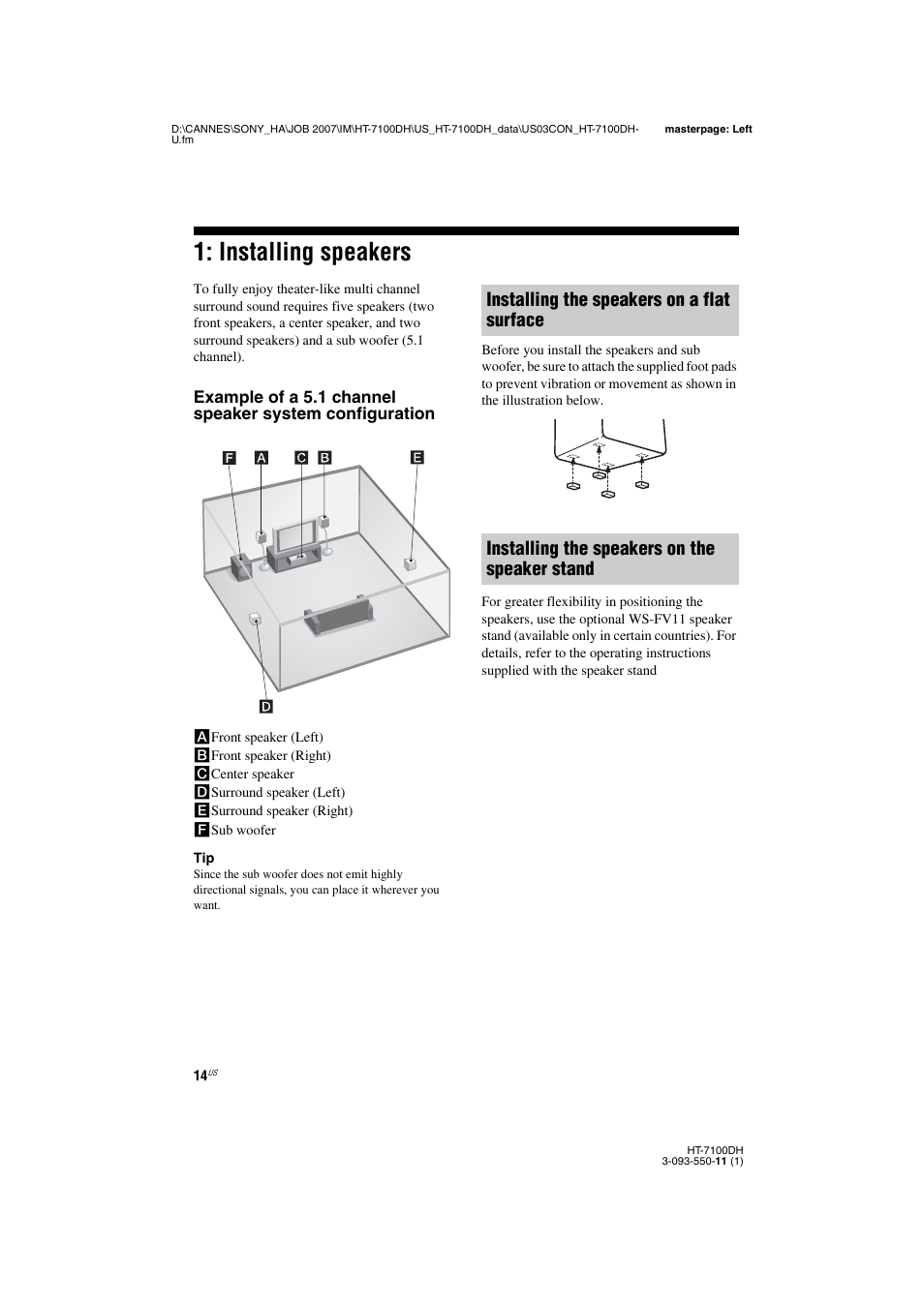 L1ac - 1: installing speakers, Installing speakers | Sony HT-7100DH User Manual | Page 14 / 84