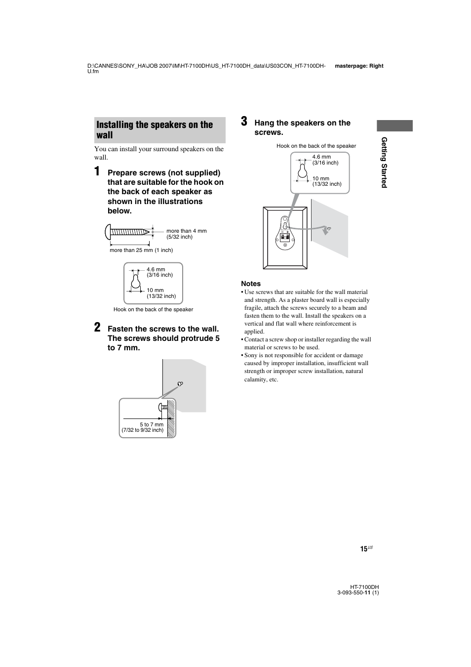 Installing the speakers on the wall | Sony HT-7100DH User Manual | Page 15 / 84