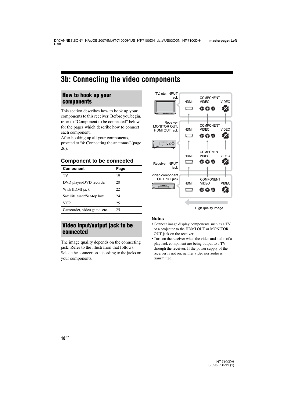 L1ac - 3b: connecting the video components, 3b: connecting the video components, How to hook up your components | Video input/output jack to be connected, Component to be connected | Sony HT-7100DH User Manual | Page 18 / 84