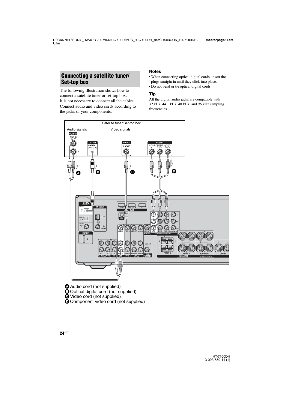 Connecting a satellite tuner/ set-top box, Satellite tuner/set-top box, Audio signals video signals | Sony HT-7100DH User Manual | Page 24 / 84