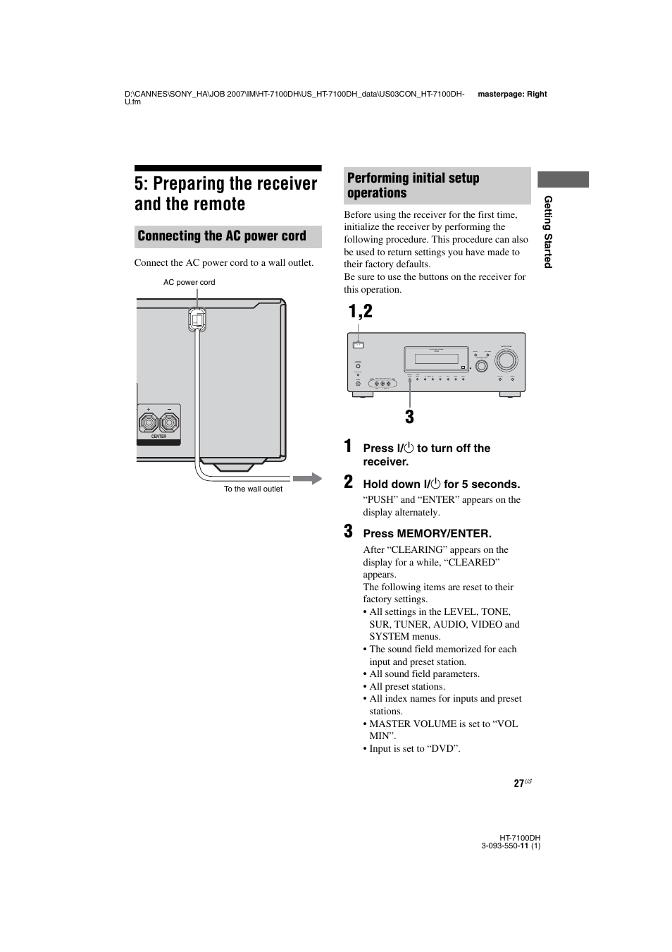 L1 - 5: preparing the receiver and the remote, Preparing the receiver and the remote, E 27 | Connecting the ac power cord, Performing initial setup operations | Sony HT-7100DH User Manual | Page 27 / 84