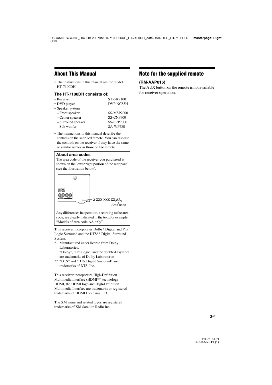 About this manual | Sony HT-7100DH User Manual | Page 3 / 84