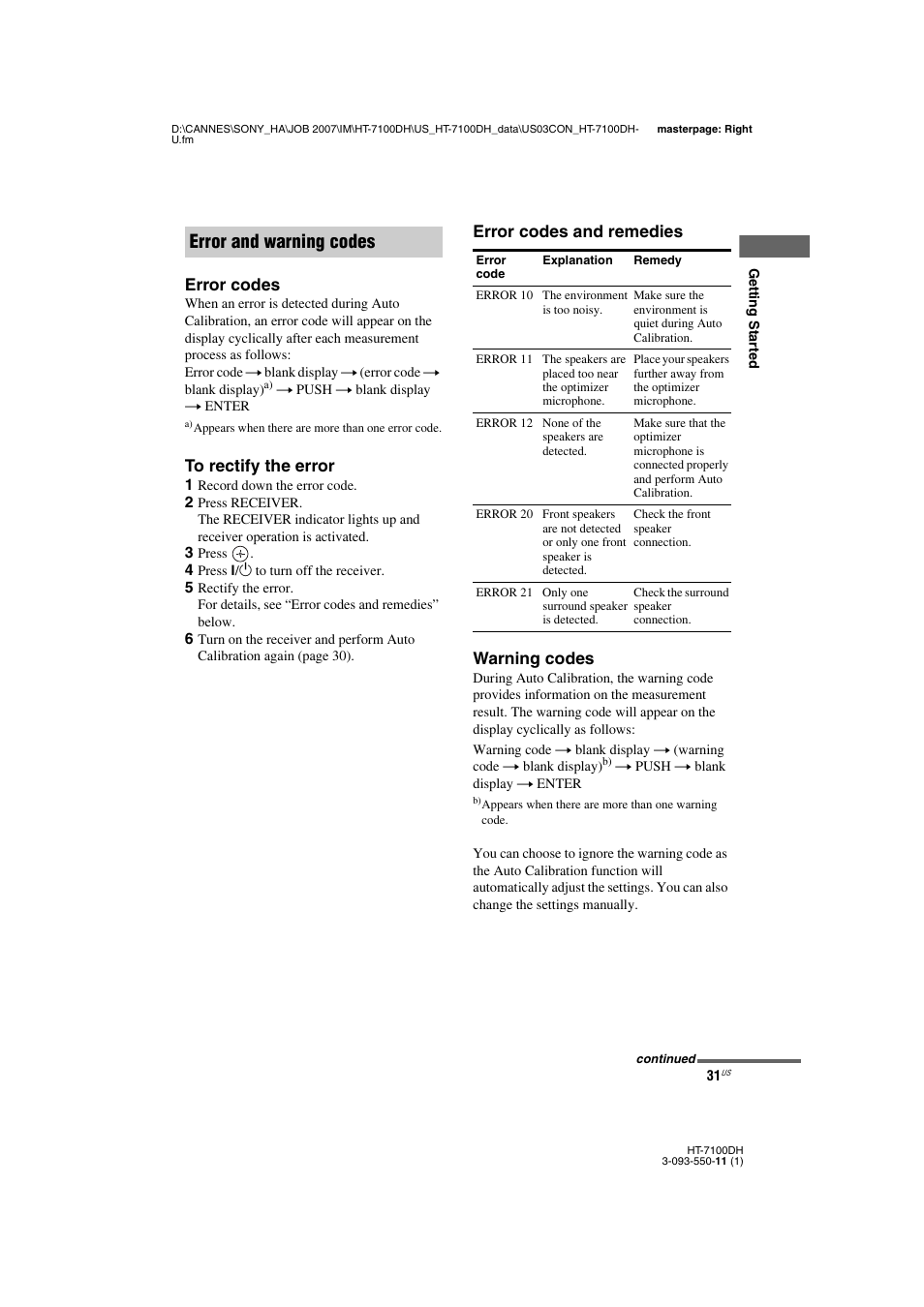 Error and warning codes, Error codes, Error codes and remedies warning codes | Sony HT-7100DH User Manual | Page 31 / 84