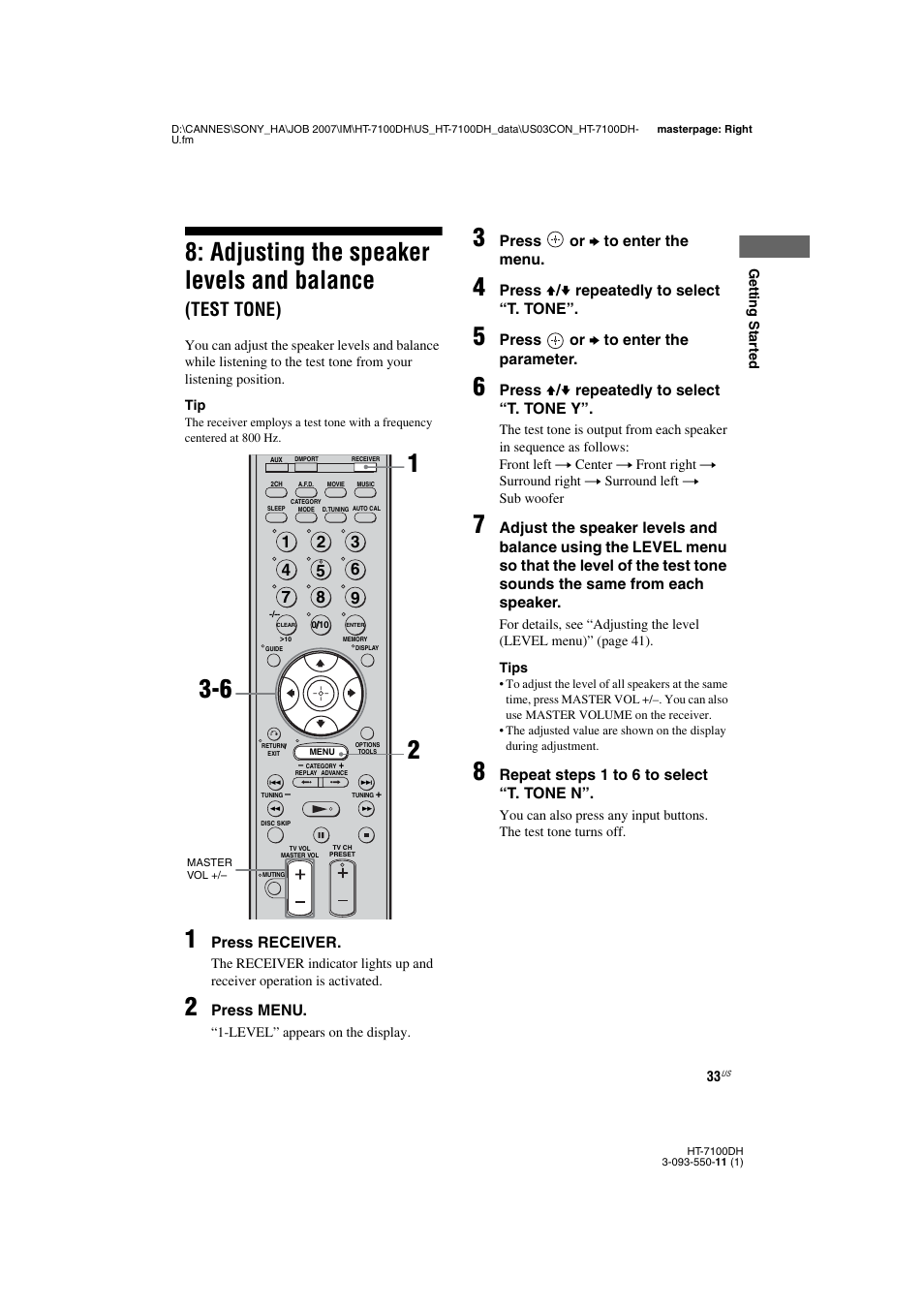 Adjusting the speaker levels and balance, Test tone) | Sony HT-7100DH User Manual | Page 33 / 84
