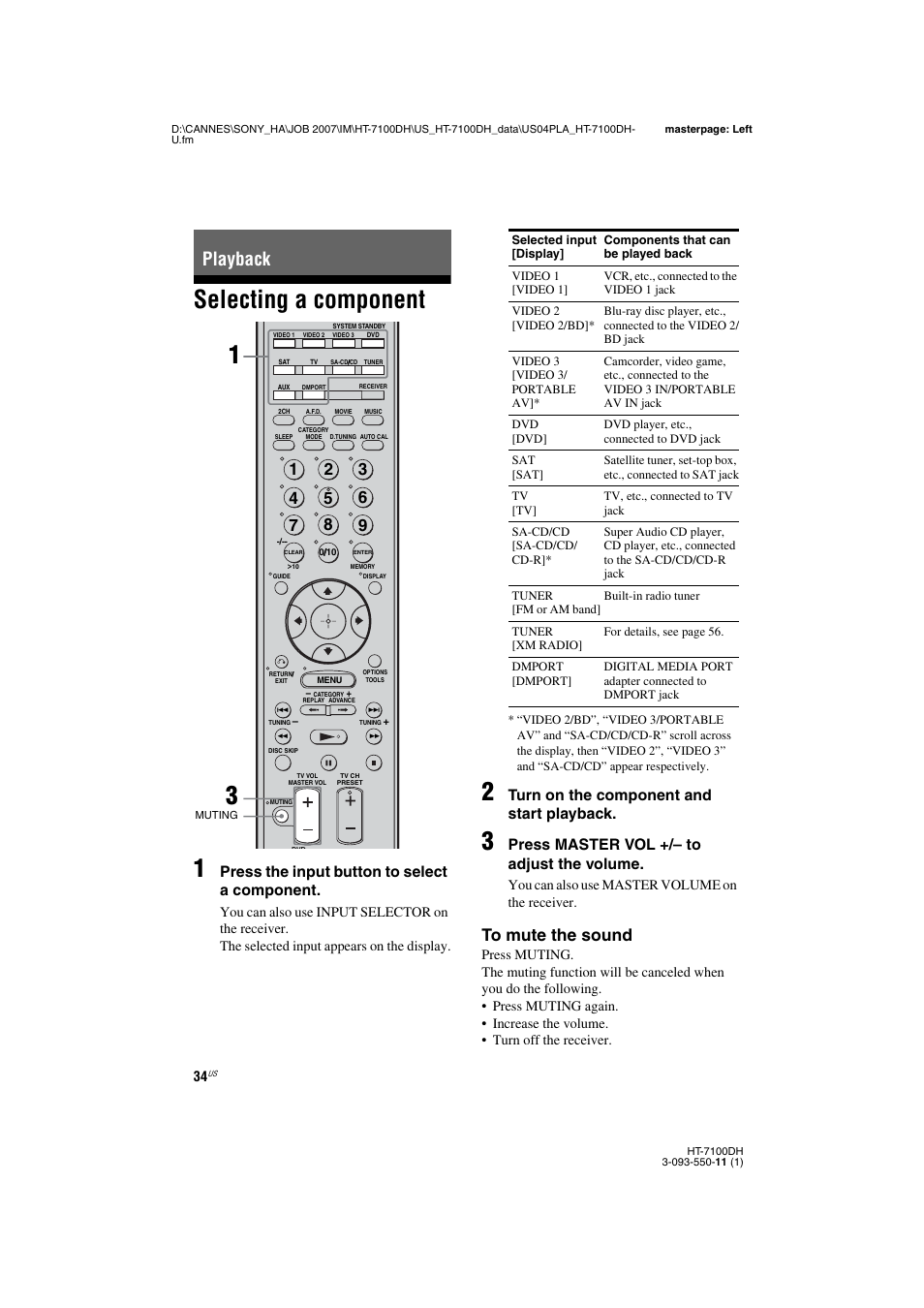 L0 - playback, L1afterl0 - selecting a component, Playback | Selecting a component, Selecting a component 1, Press the input button to select a component, Turn on the component and start playback, Press master vol +/– to adjust the volume | Sony HT-7100DH User Manual | Page 34 / 84