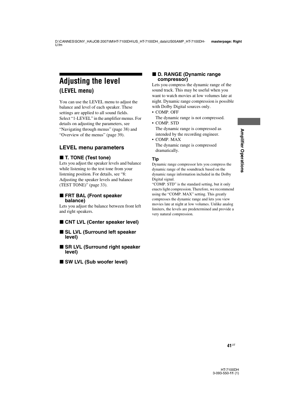 L1 - adjusting the level (level menu), Adjusting the level, Level menu) | L (41) | Sony HT-7100DH User Manual | Page 41 / 84