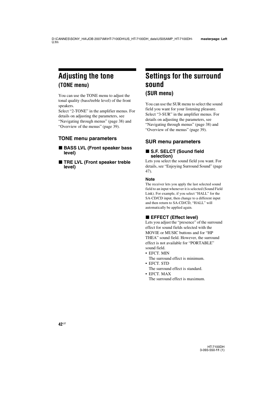 L1 - adjusting the tone (tone menu), L1 - settings for the surround sound (sur menu), Adjusting the tone | Tone menu), Settings for the surround sound, Sur menu), Sur (42) | Sony HT-7100DH User Manual | Page 42 / 84