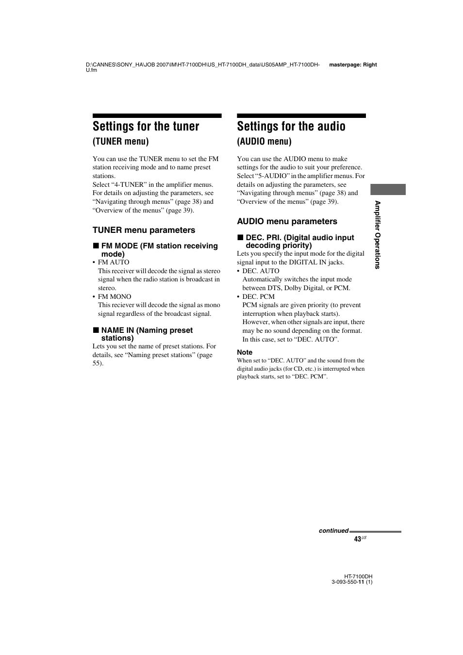 L1 - settings for the tuner (tuner menu), L1 - settings for the audio (audio menu), R (43 | Settings for the tuner, Settings for the audio, Tuner menu), Audio menu) | Sony HT-7100DH User Manual | Page 43 / 84