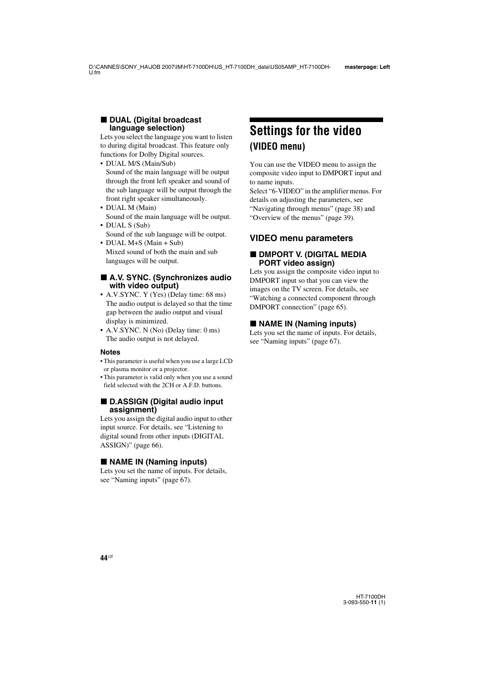 L1 - settings for the video (video menu), Settings for the video (video menu), O (44) | Settings for the video, Video menu) | Sony HT-7100DH User Manual | Page 44 / 84