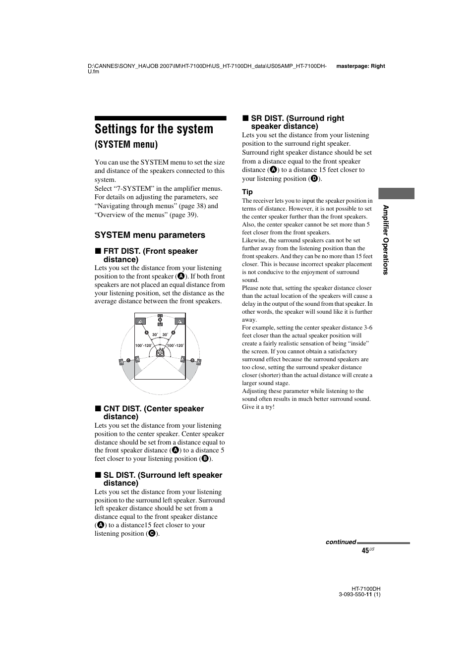 L1 - settings for the system (system menu), Settings for the system (system menu), Settings for the system | System menu), System menu parameters | Sony HT-7100DH User Manual | Page 45 / 84