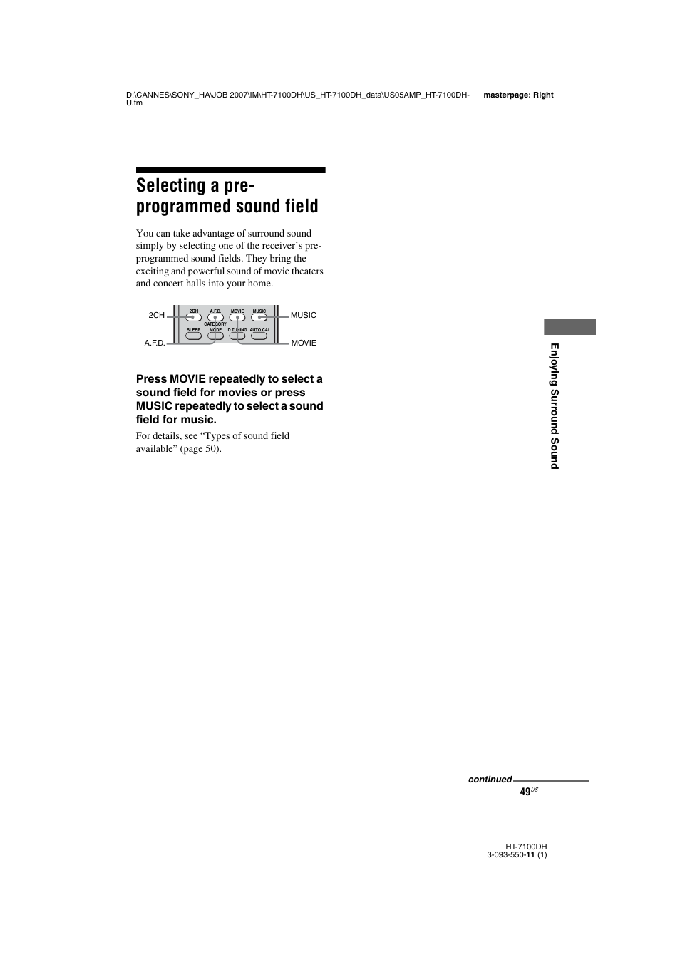 L1 - selecting a pre- programmed sound field, Selecting a pre-programmed sound field, Selecting a pre- programmed sound field | Sony HT-7100DH User Manual | Page 49 / 84