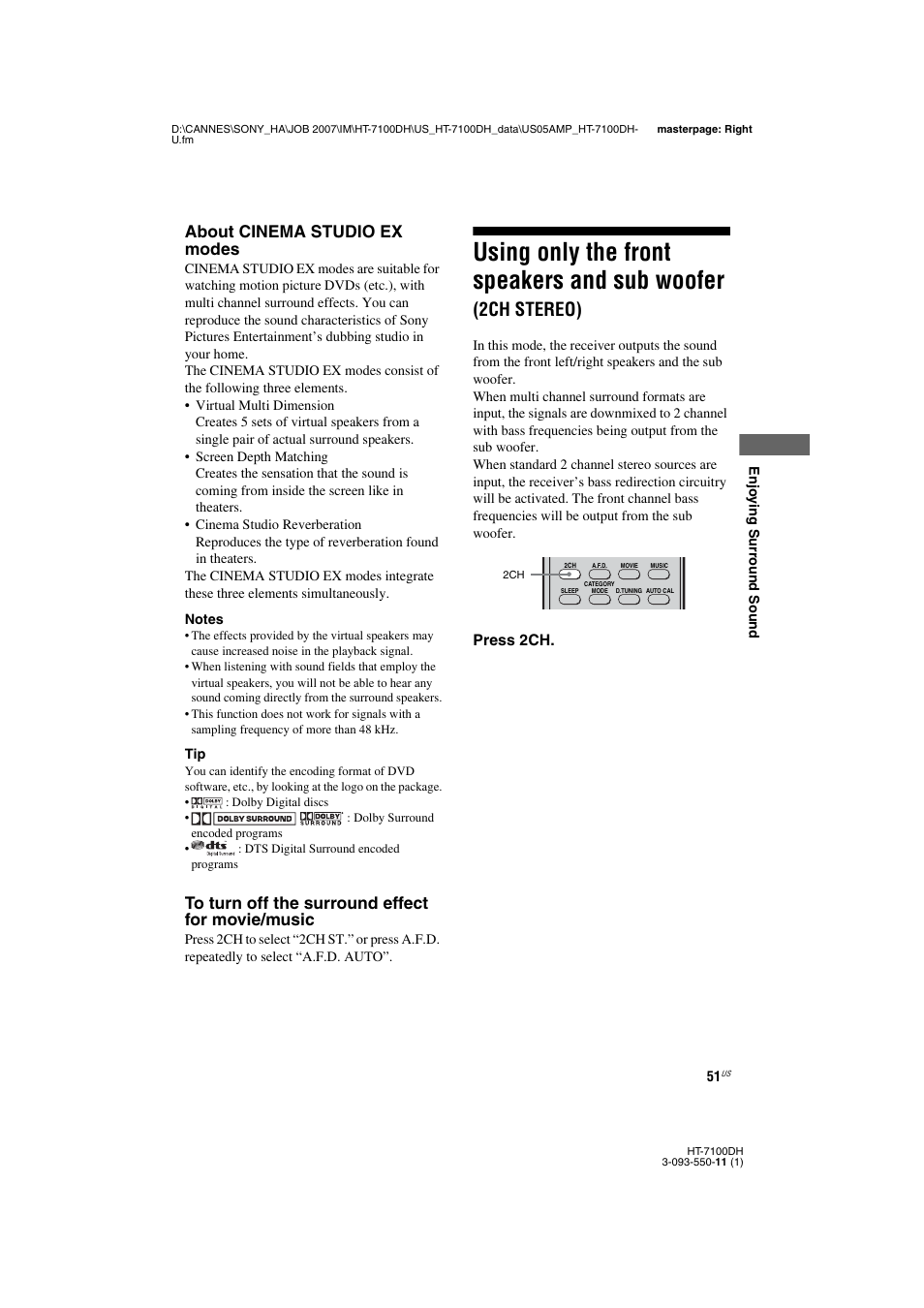 Using only the front speakers and sub woofer, 2ch stereo), E 51 | About cinema studio ex modes | Sony HT-7100DH User Manual | Page 51 / 84