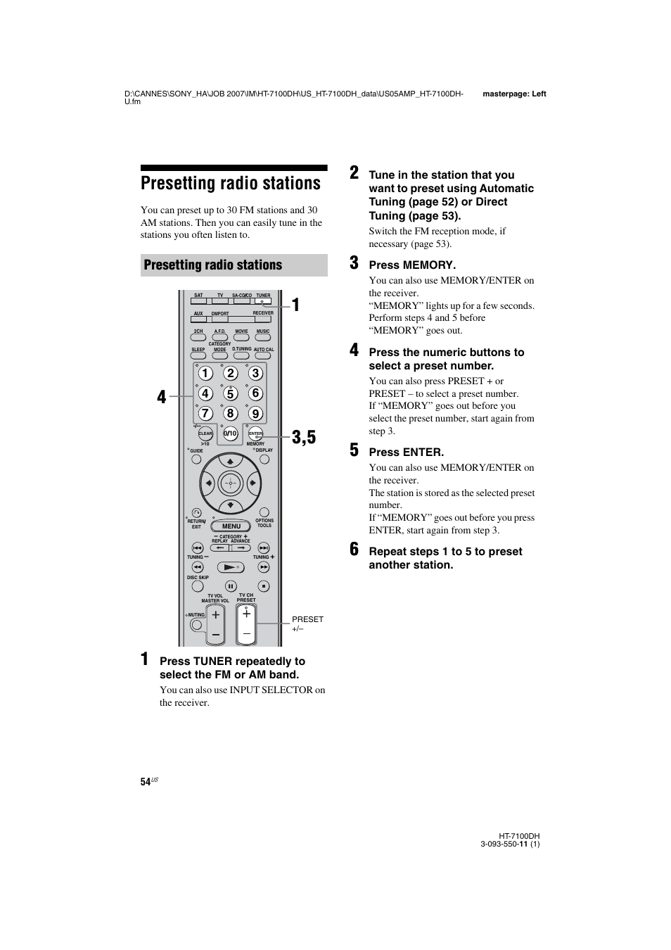 L1 - presetting radio stations, Presetting radio stations, Stations, see | Press tuner repeatedly to select the fm or am band, Press enter, Repeat step s 1 to 5 t o preset another station | Sony HT-7100DH User Manual | Page 54 / 84