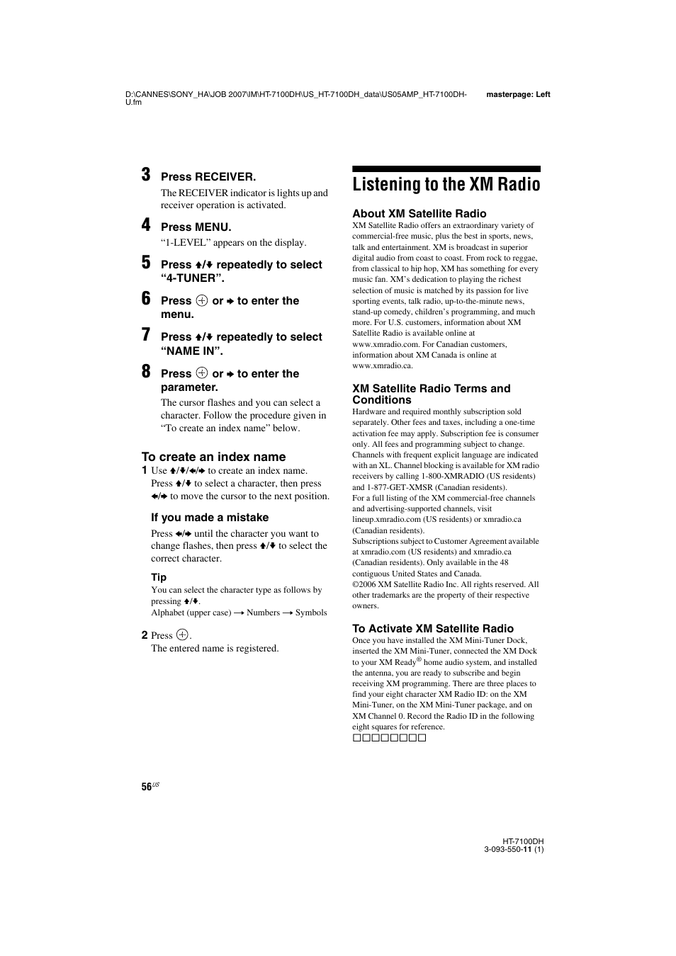L1 - listening to the xm radio, Listening to the xm radio | Sony HT-7100DH User Manual | Page 56 / 84