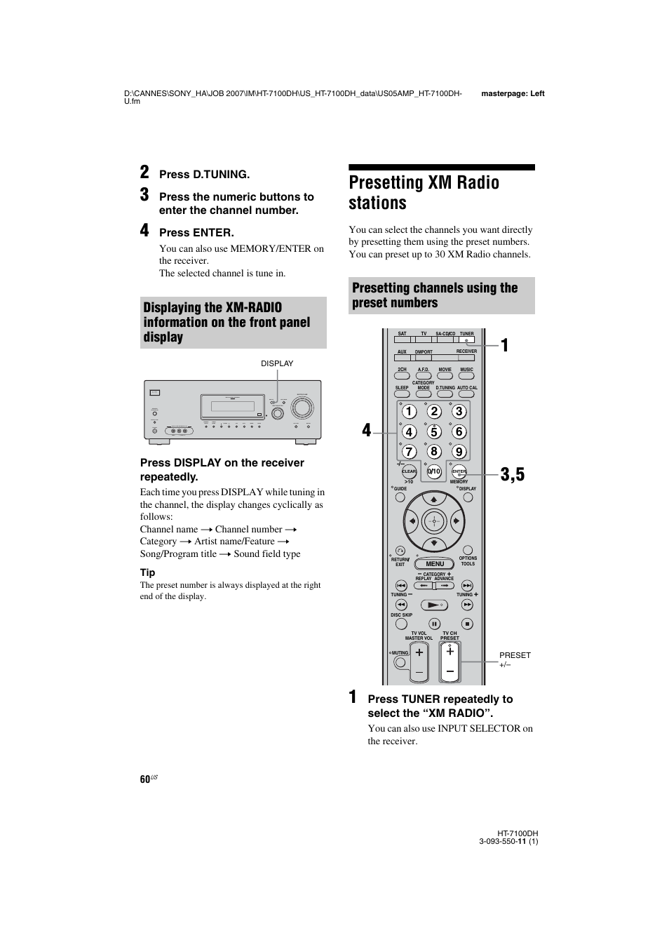 L1 - presetting xm radio stations, Presetting xm radio stations, Presetting channels using the preset numbers | Press d.tuning, Press enter, Press display on the receiver repeatedly, Press tuner repeatedly to select the “xm radio | Sony HT-7100DH User Manual | Page 60 / 84