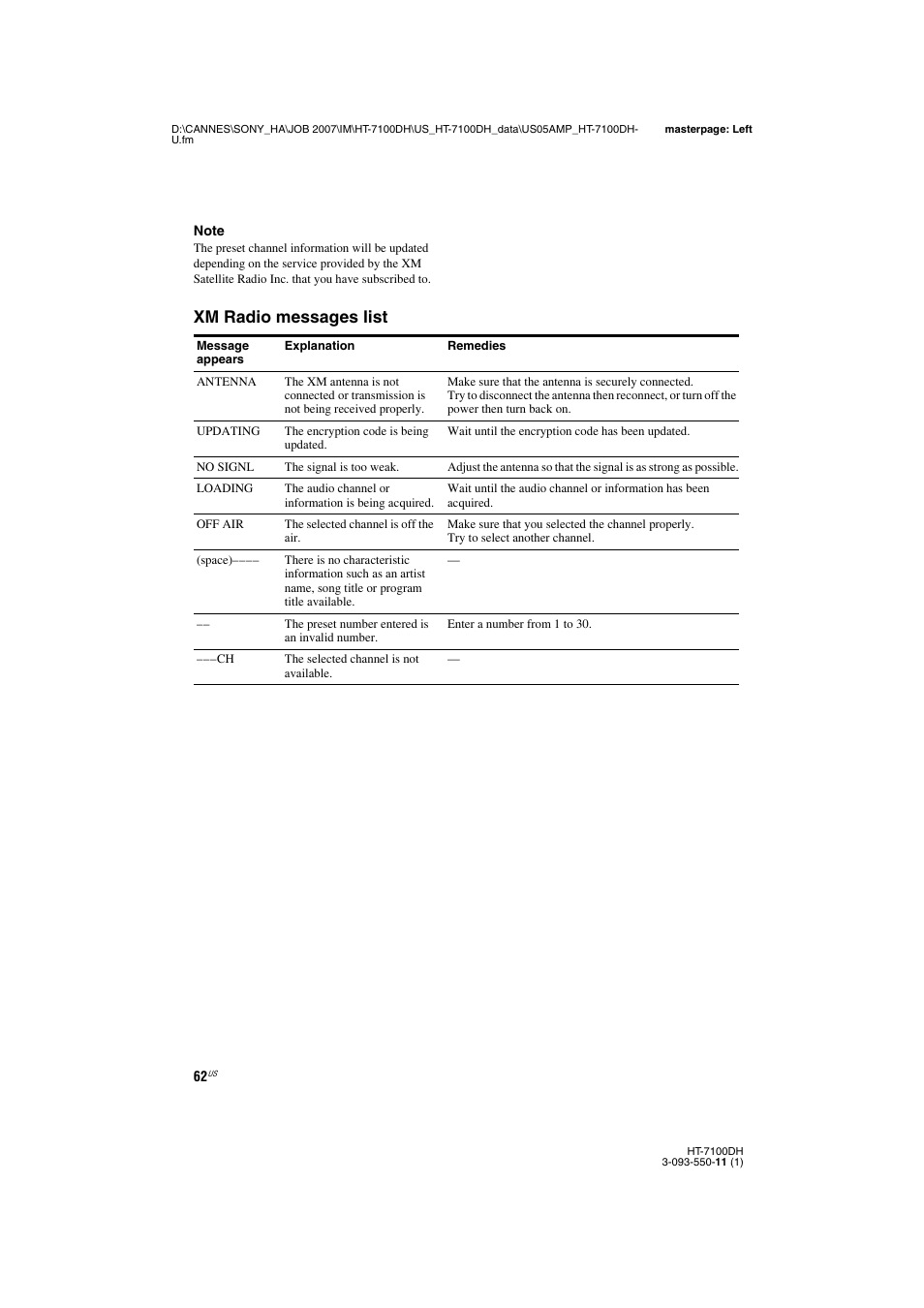Xm radio messages list | Sony HT-7100DH User Manual | Page 62 / 84