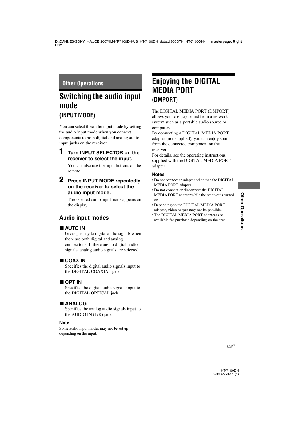 L0 - other operations, L1 - enjoying the digital media port (dmport), Other operations | Switching the audio input mode, Input mode), Enjoying the digital media port, Dmport) | Sony HT-7100DH User Manual | Page 63 / 84