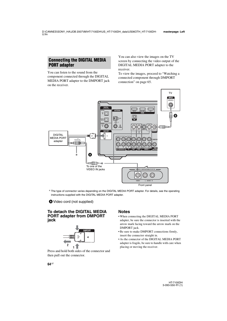 Connecting the digital media port adapter, Avideo cord (not supplied) | Sony HT-7100DH User Manual | Page 64 / 84