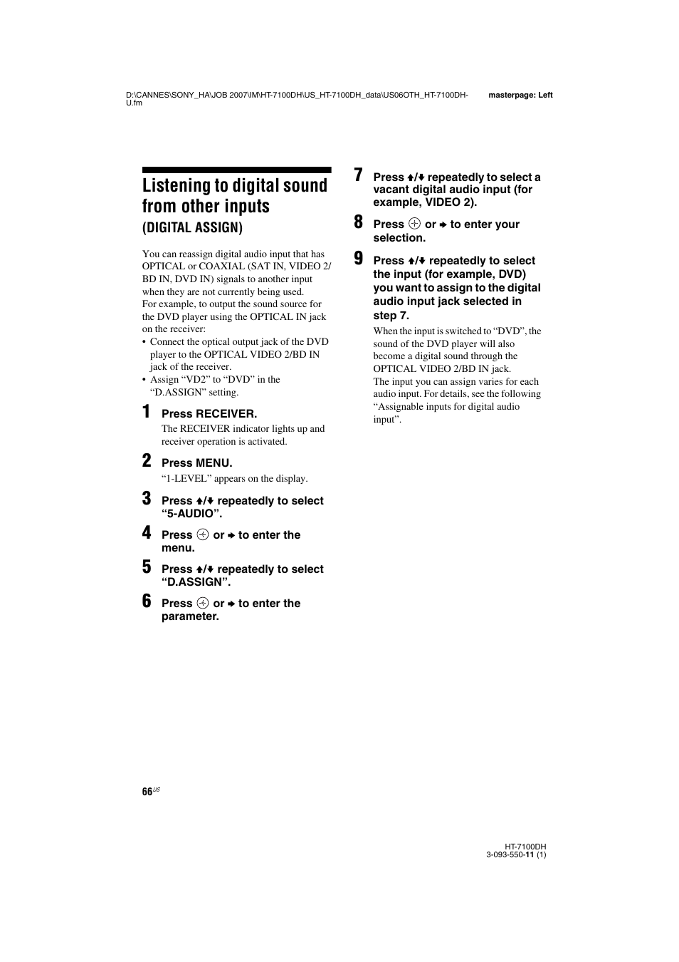 Listening to digital sound from other inputs, Digital assign) | Sony HT-7100DH User Manual | Page 66 / 84