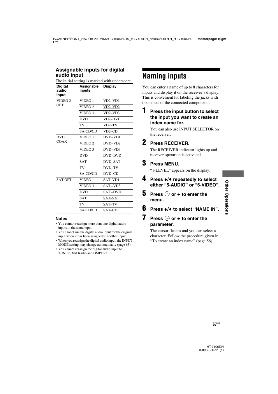 L1 - naming inputs, Naming inputs | Sony HT-7100DH User Manual | Page 67 / 84