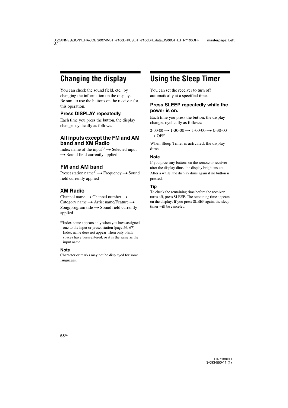 L1 - changing the display, L1 - using the sleep timer, Changing the display using the sleep timer | Changing the display, Using the sleep timer | Sony HT-7100DH User Manual | Page 68 / 84