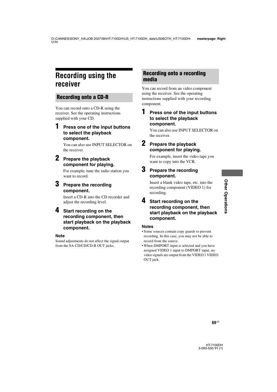 L1 - recording using the receiver, Recording using the receiver | Sony HT-7100DH User Manual | Page 69 / 84