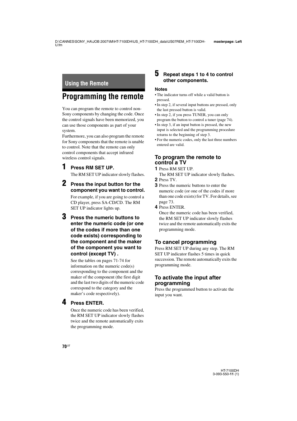 L0 - using the remote, L1afterl0 - programming the remote, Using the remote | Programming the remote | Sony HT-7100DH User Manual | Page 70 / 84
