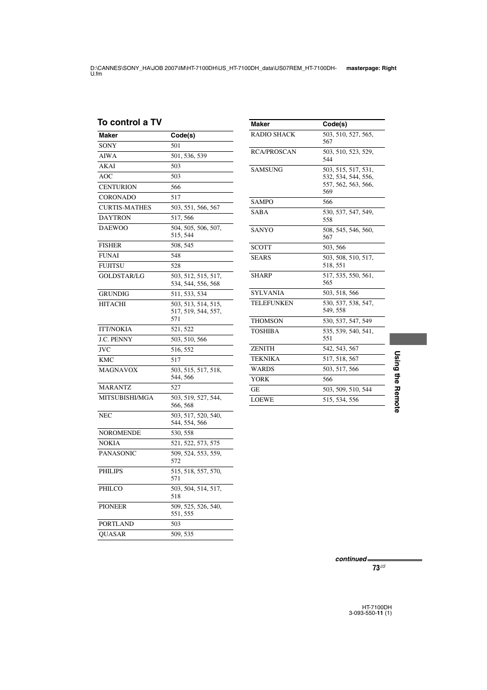 Sony HT-7100DH User Manual | Page 73 / 84