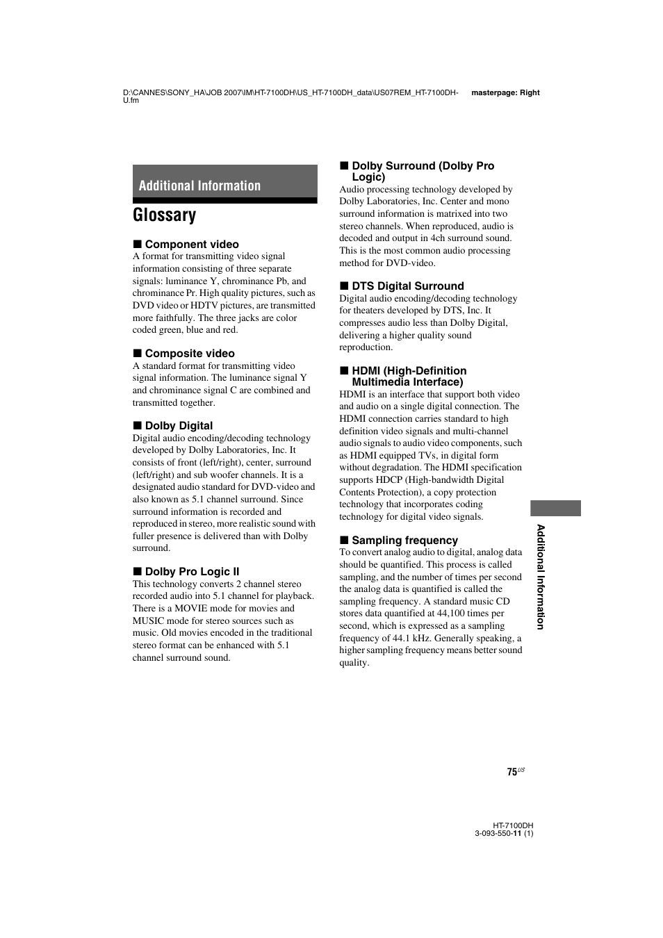L0 - additional information, L1 - glossary, Additional information | Glossary | Sony HT-7100DH User Manual | Page 75 / 84