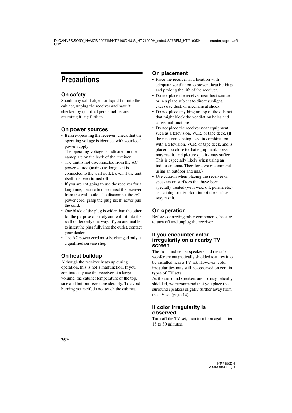 L1 - precautions, Precautions | Sony HT-7100DH User Manual | Page 76 / 84
