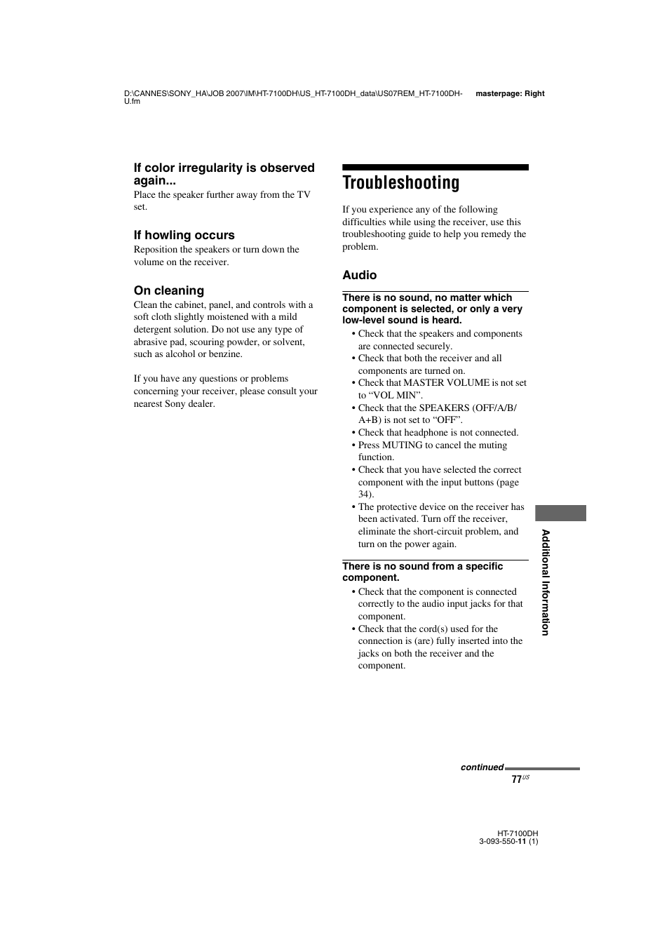 L1 - troubleshooting, Troubleshooting | Sony HT-7100DH User Manual | Page 77 / 84