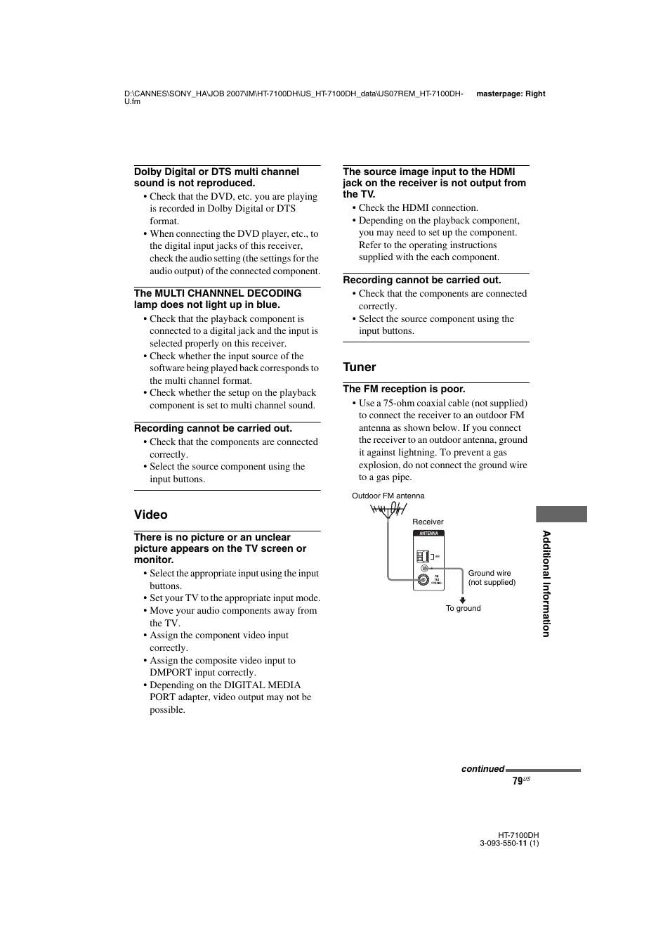 Video, Tuner | Sony HT-7100DH User Manual | Page 79 / 84
