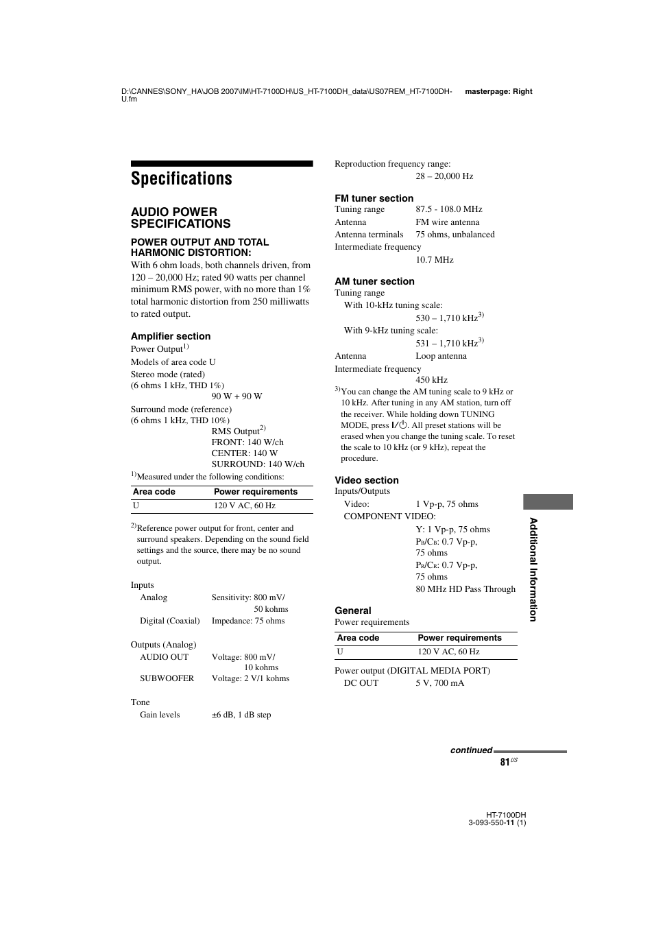 L1 - specifications, Specifications, Audio power specifications | Sony HT-7100DH User Manual | Page 81 / 84