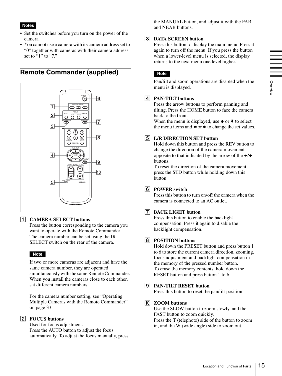 Remote commander (supplied) | Sony BRC-Z330 User Manual | Page 15 / 73
