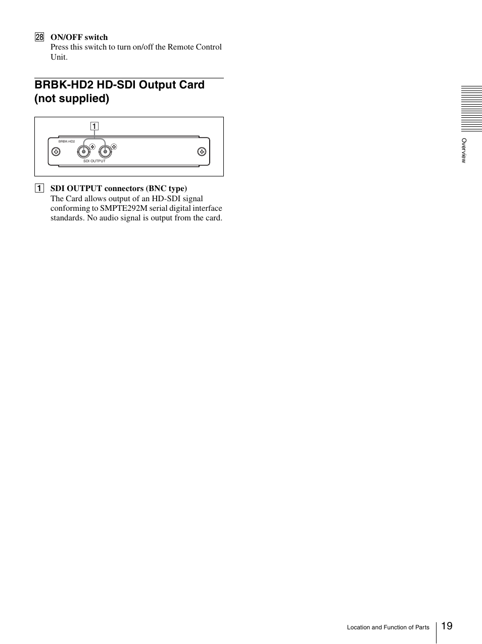 Brbk-hd2 hd-sdi output card (not supplied), Brbk-hd2 hd-sdi output card (not, Supplied) | Sony BRC-Z330 User Manual | Page 19 / 73