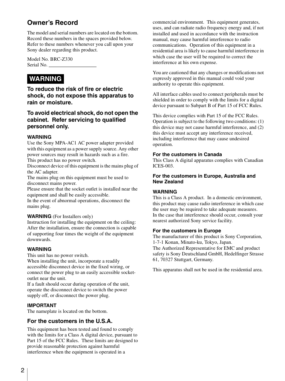 Owner’s record, Warning | Sony BRC-Z330 User Manual | Page 2 / 73