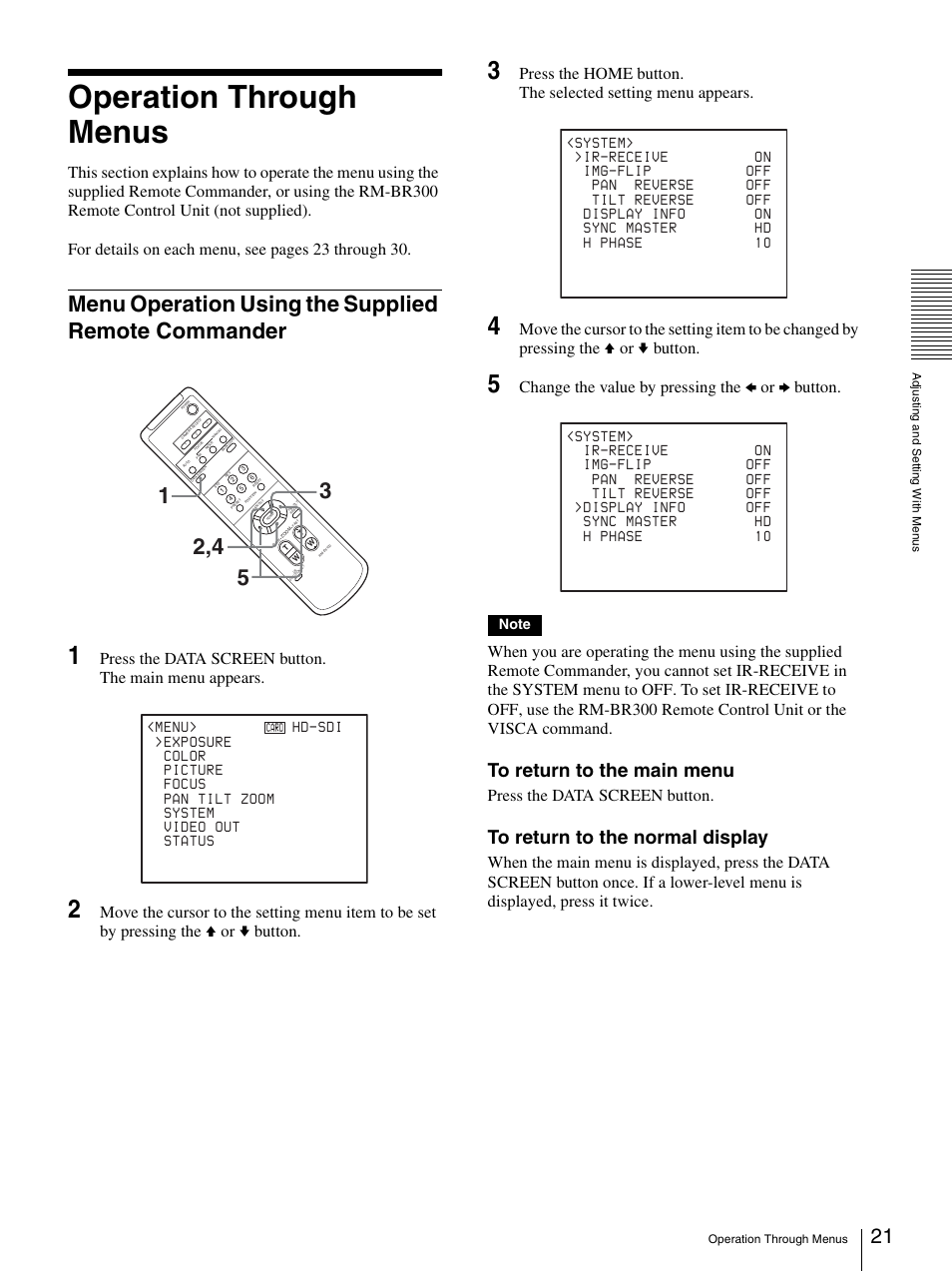 Operation through menus, Menu operation using the supplied remote commander, Menu operation using the supplied remote | Commander, Change the value by pressing the b or b button, Press the data screen button | Sony BRC-Z330 User Manual | Page 21 / 73