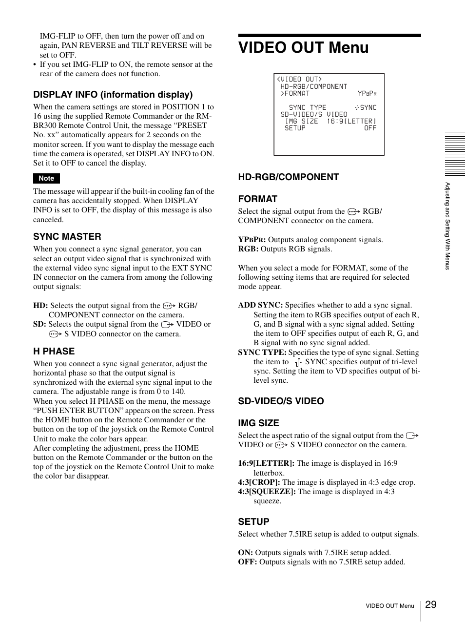 Video out menu, Display info (information display), Sync master | H phase, Hd-rgb/component format, Sd-video/s video img size, Setup | Sony BRC-Z330 User Manual | Page 29 / 73