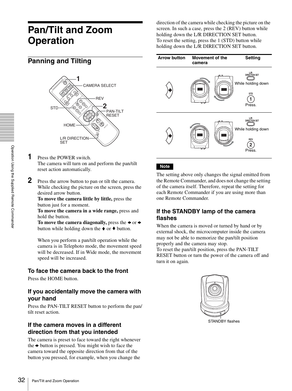 Pan/tilt and zoom operation, Panning and tilting, If you accidentally move the camera with your hand | If the standby lamp of the camera flashes, Press the home button, Arrow button movement of the camera setting | Sony BRC-Z330 User Manual | Page 32 / 73